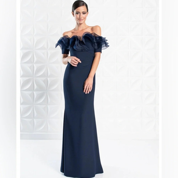 Alexander by Daymor Navy Blue Ruffled Off The Shoulder Sheath Dress 1257 Size 16 - Picture 1 of 16